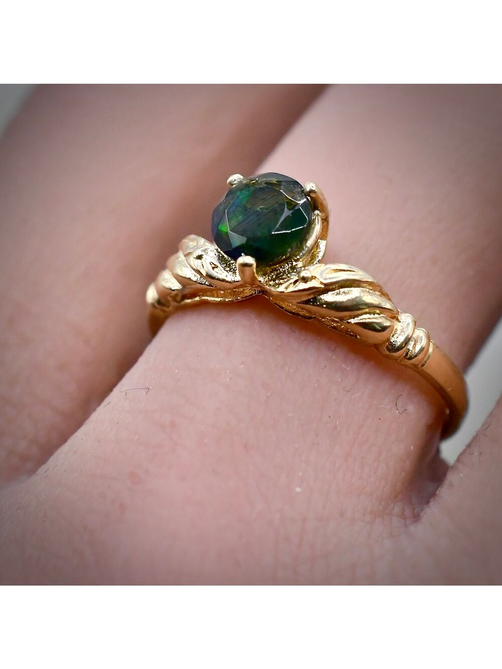 14k Yellow Gold Black Opal Ring Vintage Round Solitaire Filigree Bypass Size 7.5